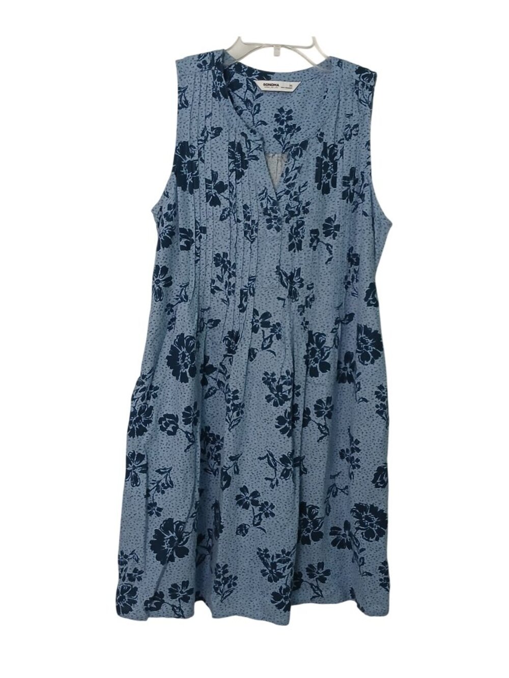Sonoma Womens PS Blue Floral Sleeveless Pleated Tunic Dress Linen / Rayon #C-12